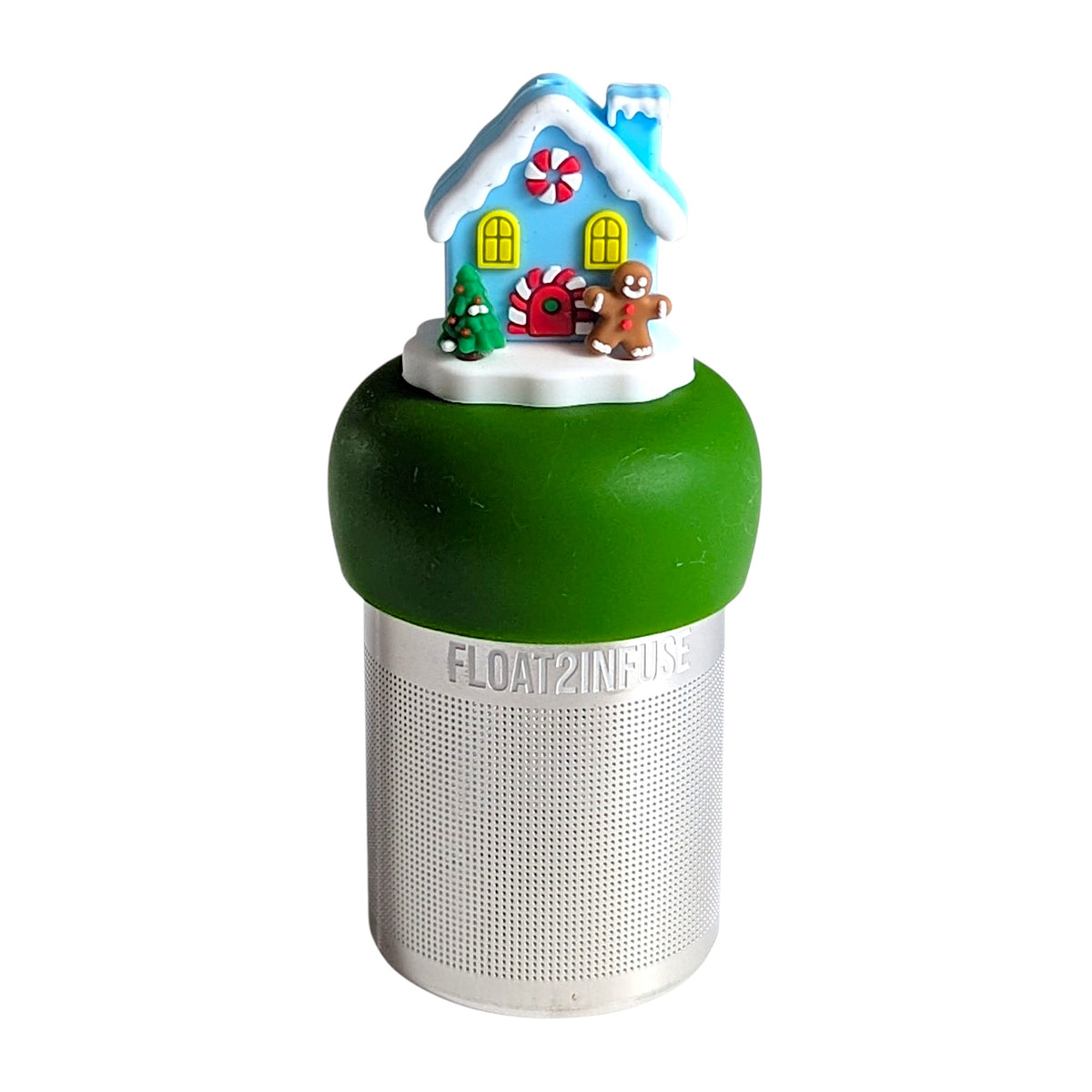 Cute snow covered blue house ready for the holidays with a gingerbread man, red and white wreath, and Christmas tree decorations tea infuser for loose leaf tea with a fine mesh stainless steel tea strainer that reads FLOAT2INFUSE on a dark green base with a  white background
