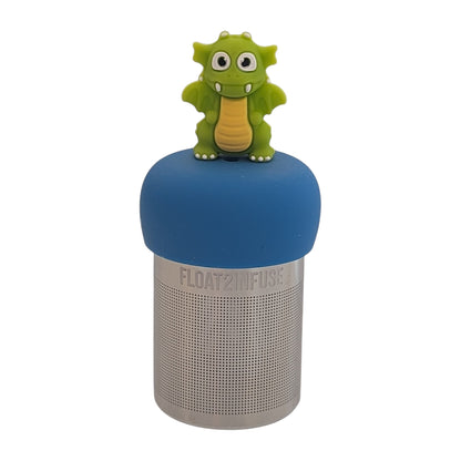 bright green dragon animal tea infuser for loose leaf tea with a fine mesh stainless steel tea strainer that reads FLOAT2INFUSE on a blue base with a white background