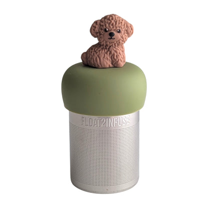Cute brown labradoodle tea infuser for loose leaf tea with a fine mesh stainless steel tea strainer 
that reads FLOAT2INFUSE on a green base with a white background
