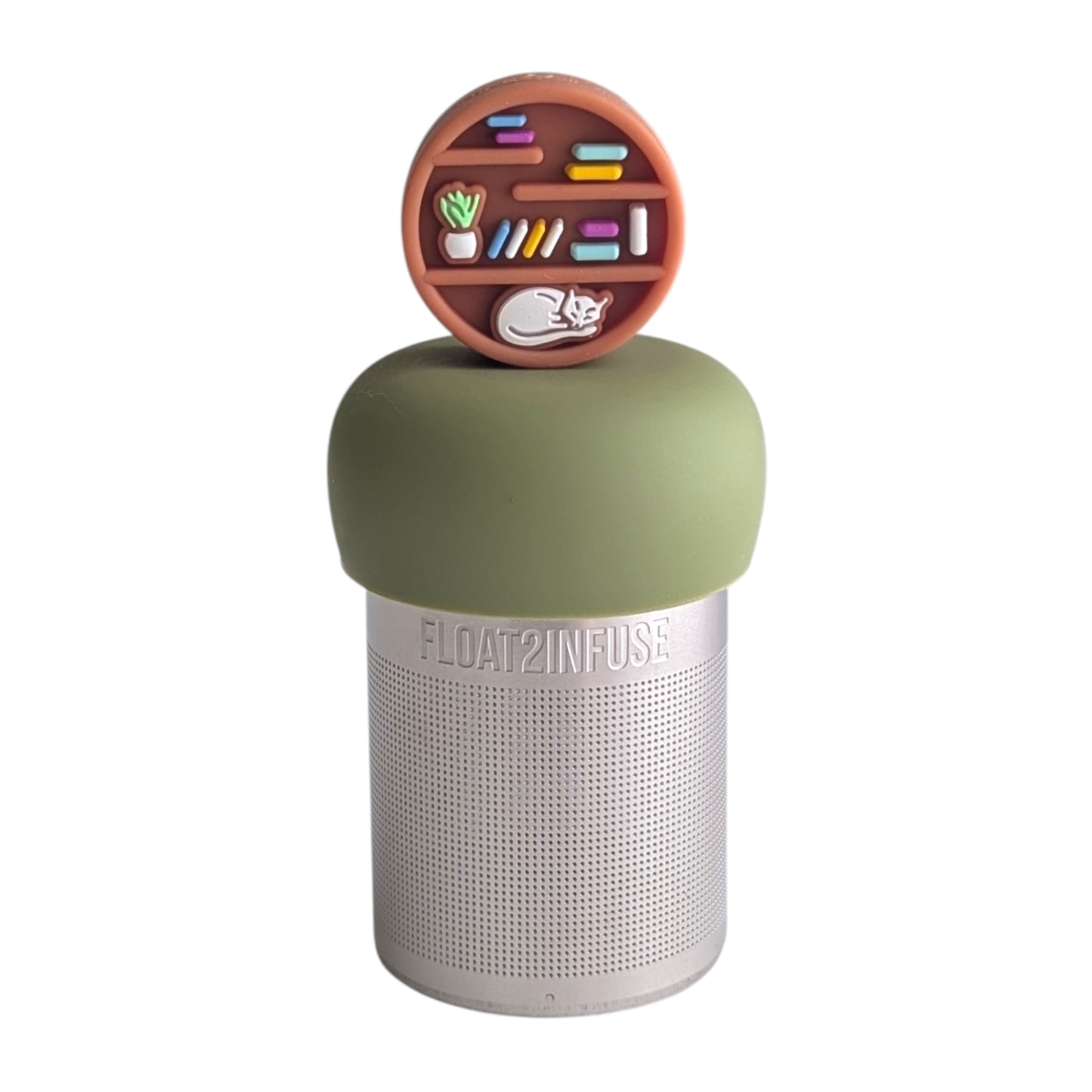 Cute round bookshelf with books, a potted plant, and a sleeping white cat tea infuser for loose leaf tea with a fine mesh stainless steel tea strainer 
that reads FLOAT2INFUSE on a green base with a white background
