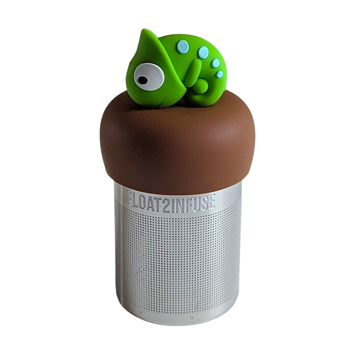 green chameleon animal tea infuser for loose leaf tea with a fine mesh stainless steel tea strainer that reads FLOAT2INFUSE on a brown base with a white background