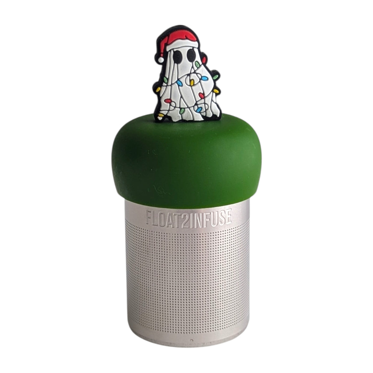 white ghost waring a santa hat and wrapped in christmas lights tea infuser for loose leaf tea with a fine mesh stainless steel tea strainer  that reads FLOAT2INFUSE on a dark green base with a white background