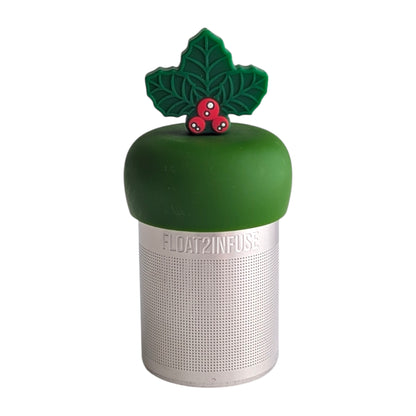Green holly with red berries tea infuser for loose leaf tea with a fine mesh stainless steel tea strainer that reads FLOAT2INFUSE on a dark green base with a white background