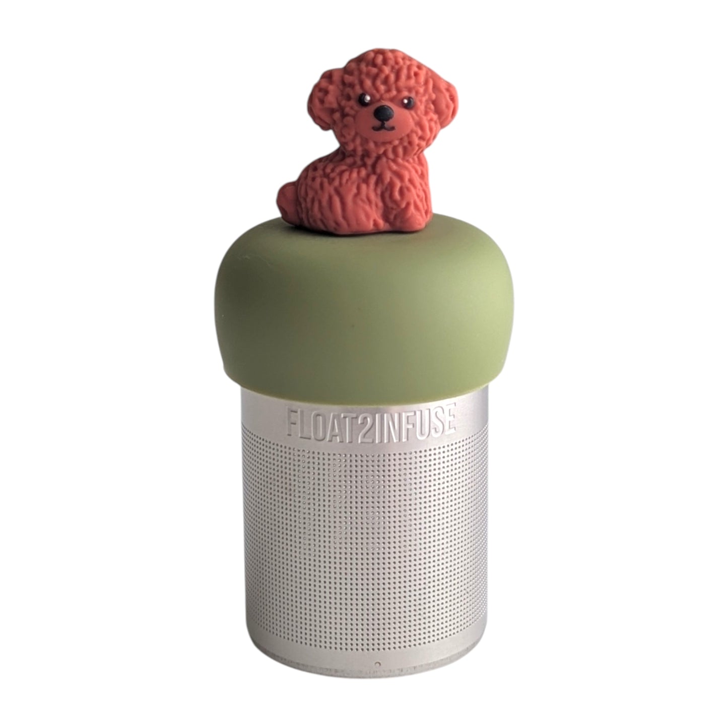 Cute cinnamon labradoodle tea infuser for loose leaf tea with a fine mesh stainless steel tea strainer 
that reads FLOAT2INFUSE on a green base with a white background
