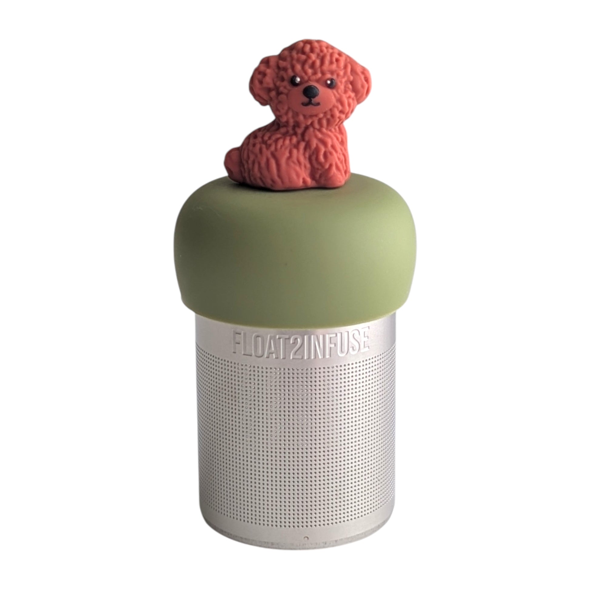 Cute cinnamon labradoodle tea infuser for loose leaf tea with a fine mesh stainless steel tea strainer 
that reads FLOAT2INFUSE on a green base with a white background

