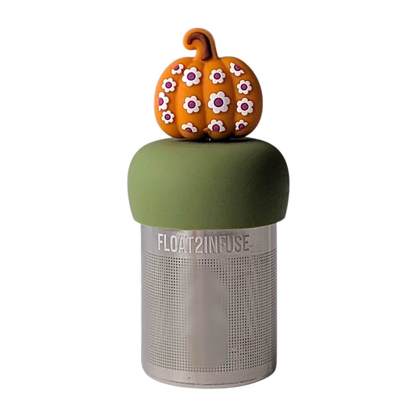 Orange pumpkin with white polka dot daisies tea infuser for loose leaf tea with a fine mesh stainless steel tea strainer that reads FLOAT2INFUSE on a green base with a white background