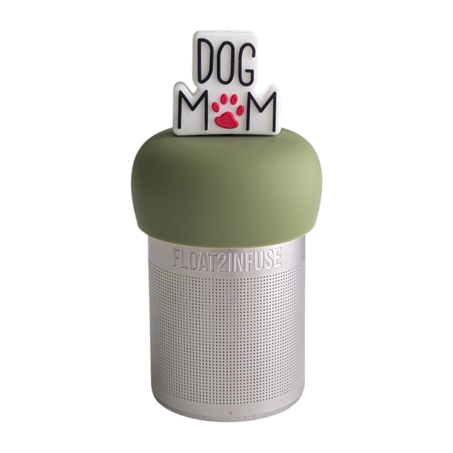 Text that reads "dog mom" with a red paw print for the o tea infuser for loose leaf tea with a fine mesh stainless steel tea strainer 
that reads FLOAT2INFUSE on a green base with a white background
