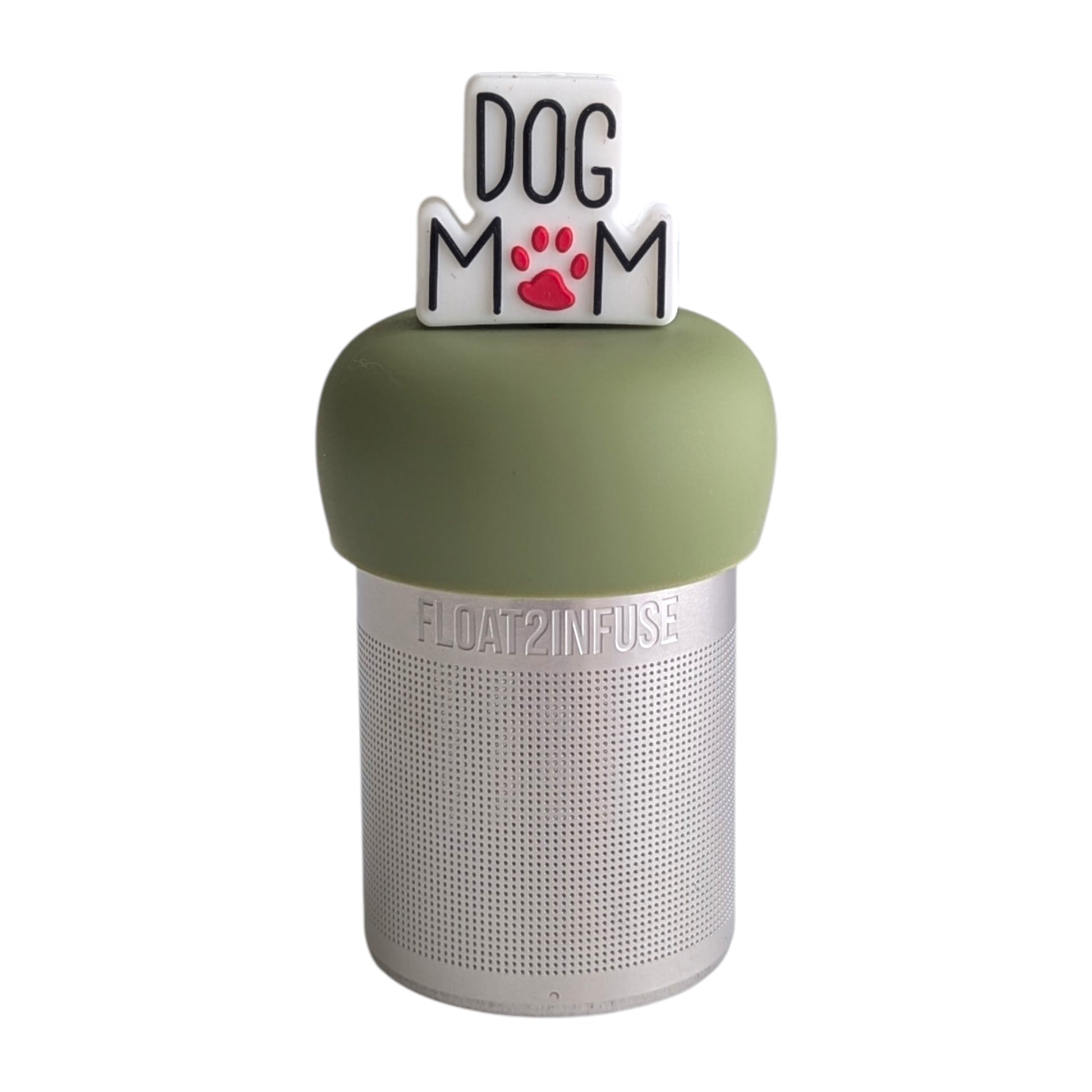 Text that reads "dog mom" with a red paw print for the o tea infuser for loose leaf tea with a fine mesh stainless steel tea strainer 
that reads FLOAT2INFUSE on a green base with a white background
