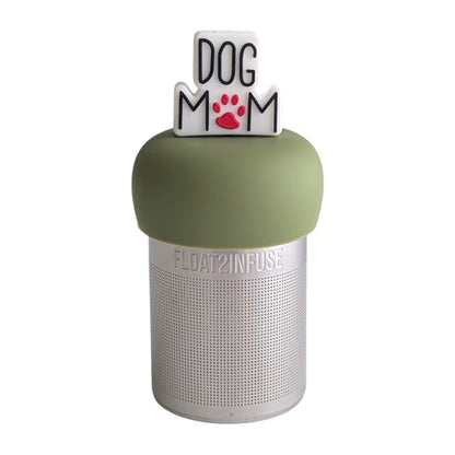 Text that reads "dog mom" with a red paw print for the o tea infuser for loose leaf tea with a fine mesh stainless steel tea strainer 
that reads FLOAT2INFUSE on a green base with a white background
