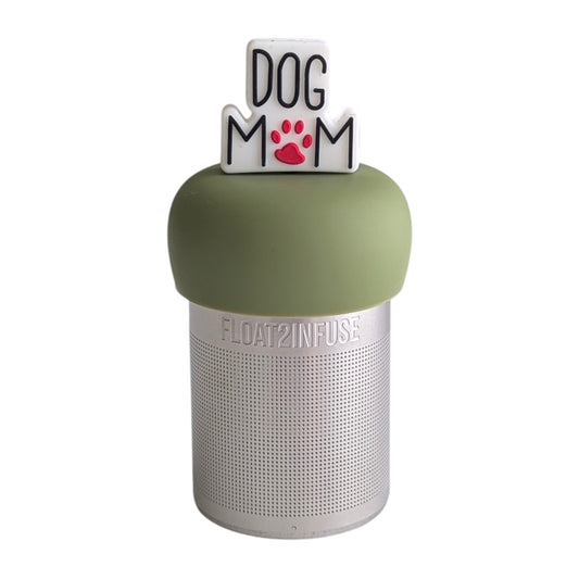 Text that reads "dog mom" with a red paw print for the o tea infuser for loose leaf tea with a fine mesh stainless steel tea strainer 
that reads FLOAT2INFUSE on a green base with a white background

