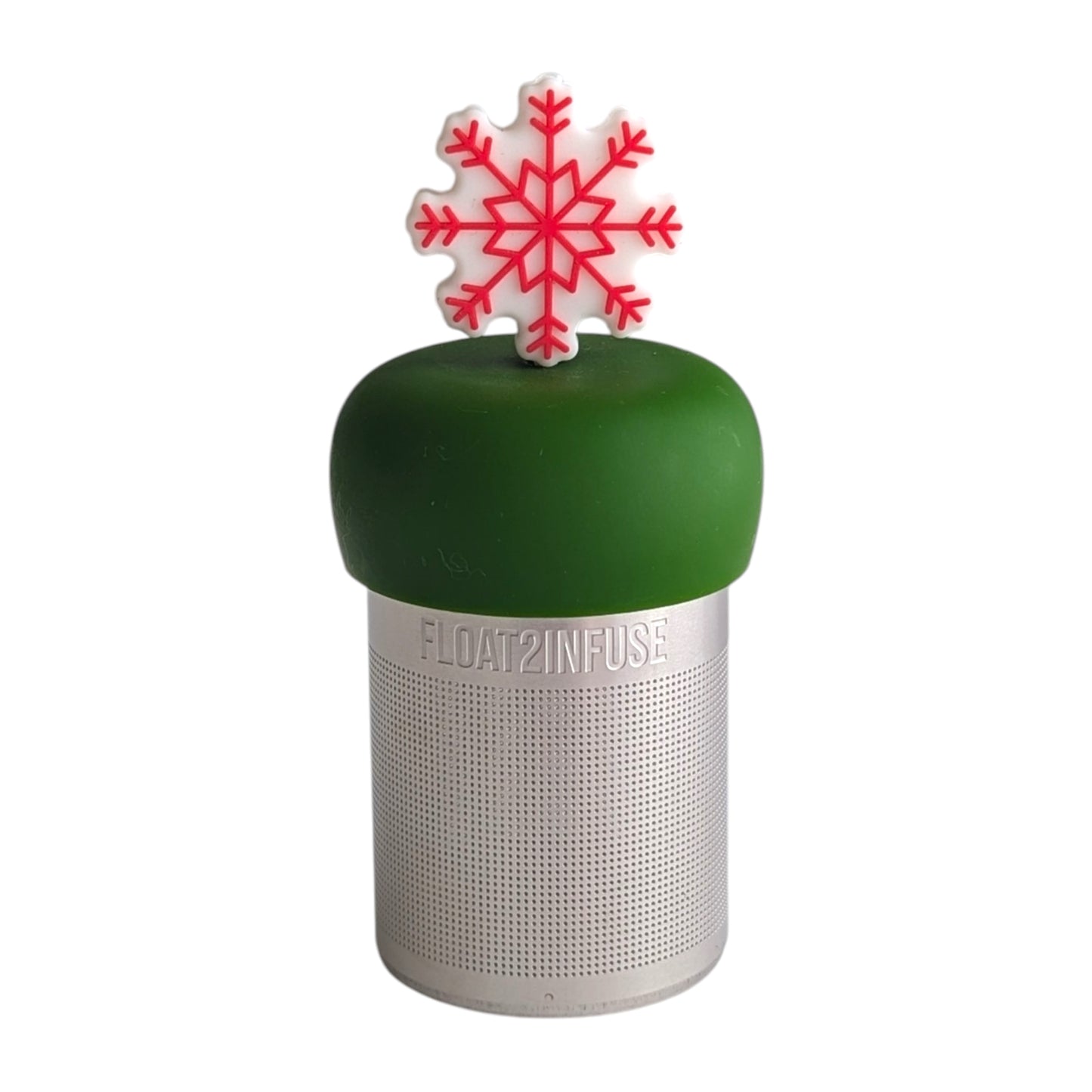 red and white holiday snowflake tea infuser for loose leaf tea with a fine mesh stainless steel tea strainer that reads FLOAT2INFUSE on a dark green base with a white background