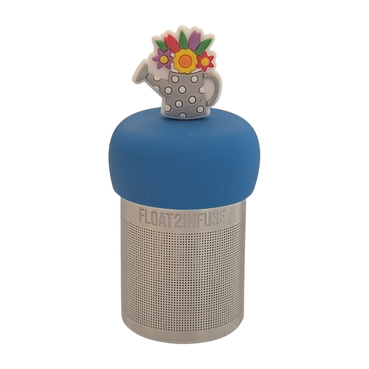 grey watering can with white polka dots and flowers growing out the top tea infuser for loose leaf tea with a fine mesh stainless steel tea strainer that reads FLOAT2INFUSE on a blue base with a white background