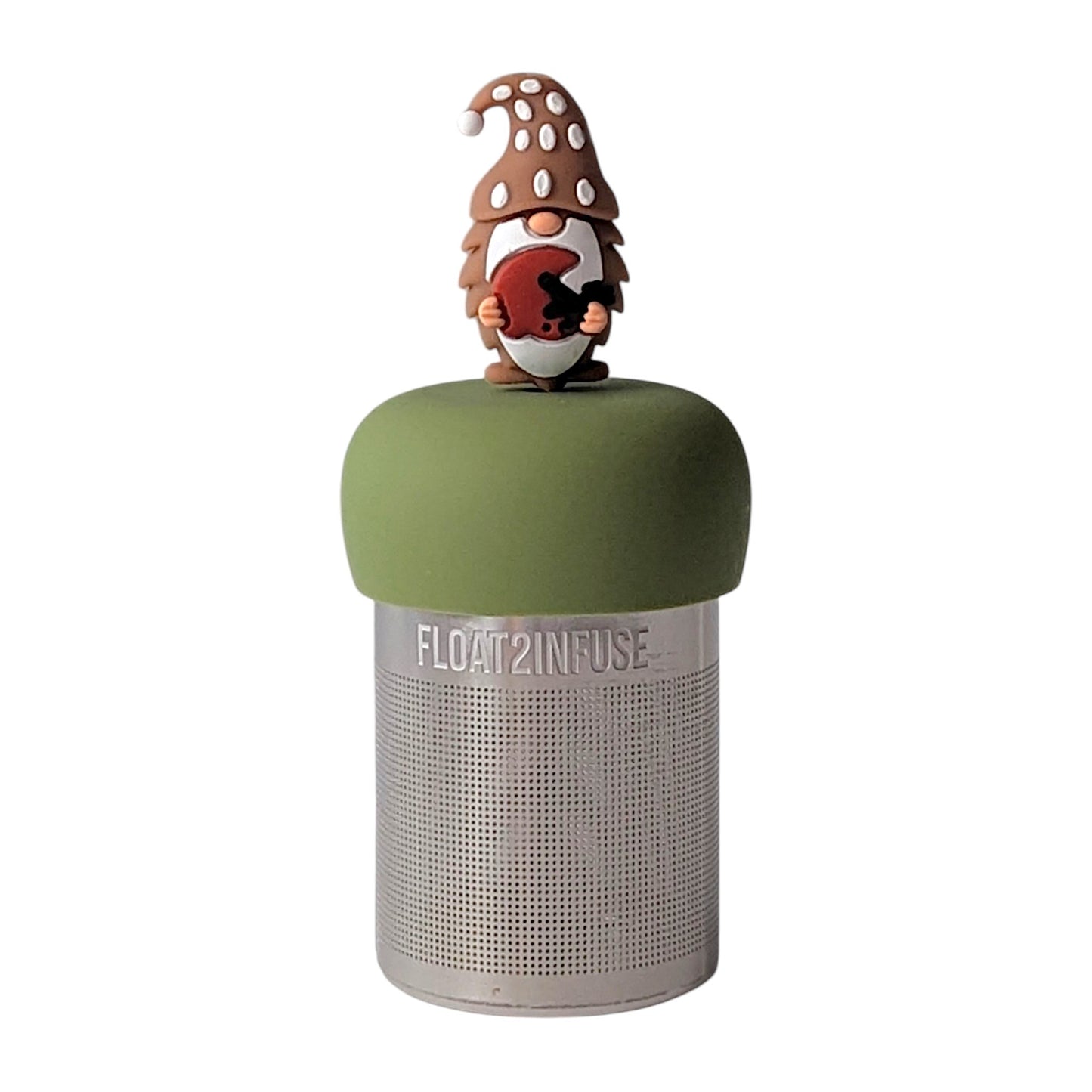 Brown gnome holding a football helmet tea infuser for loose leaf tea with a fine mesh stainless steel tea strainer that reads FLOAT2INFUSE on a green base with a white background