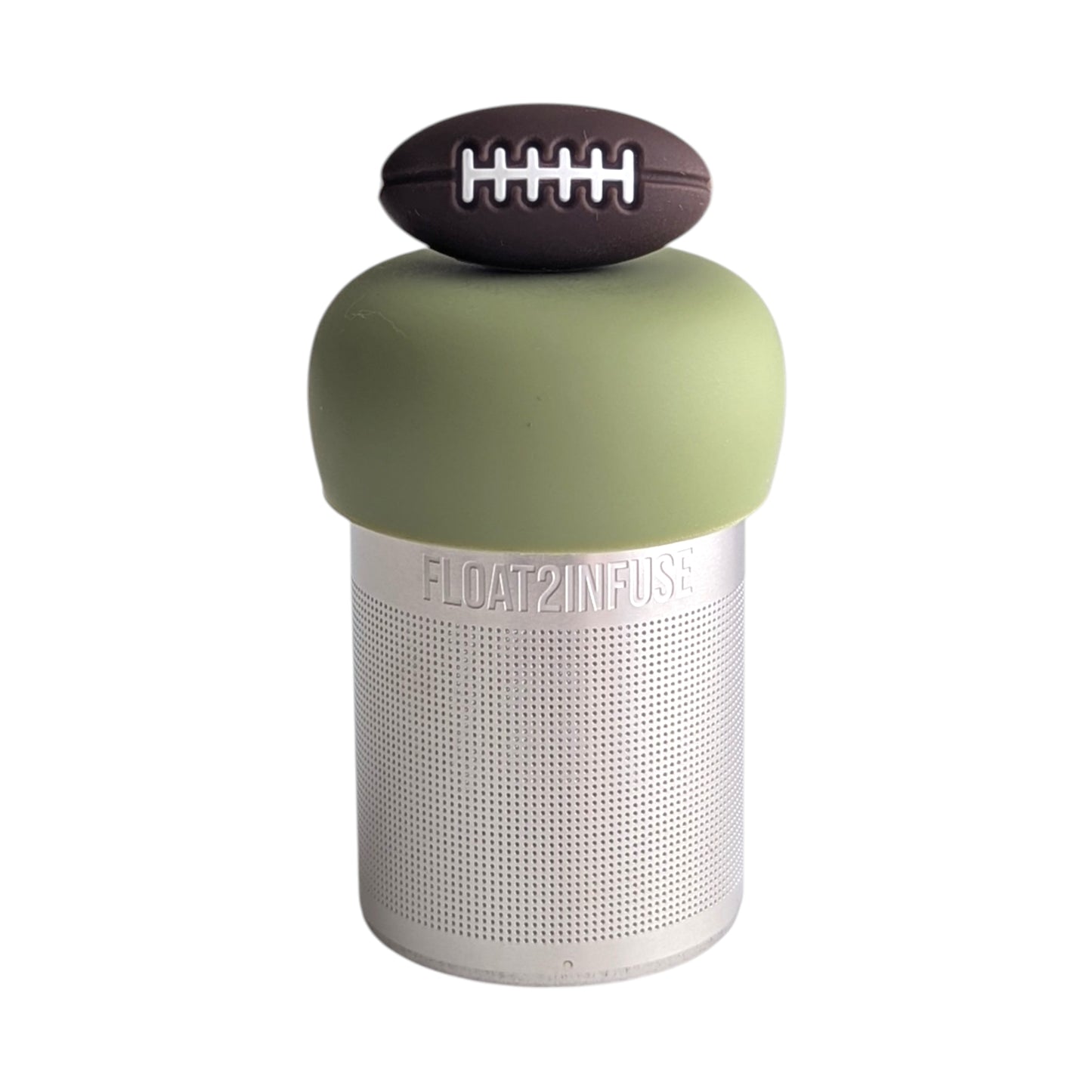 Football tea infuser for loose leaf tea with a fine mesh stainless steel tea strainer 
that reads FLOAT2INFUSE on a green base with a white background
