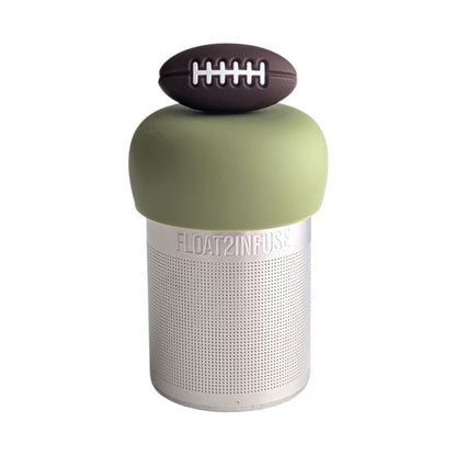 Football tea infuser for loose leaf tea with a fine mesh stainless steel tea strainer 
that reads FLOAT2INFUSE on a green base with a white background
