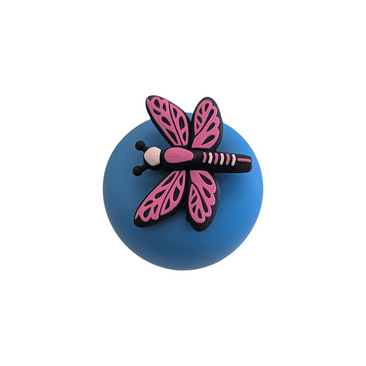 Fuchsia dragonfly animal tea infuser for loose leaf tea with a fine mesh stainless steel tea strainer that reads FLOAT2INFUSE on a blue base with a white background