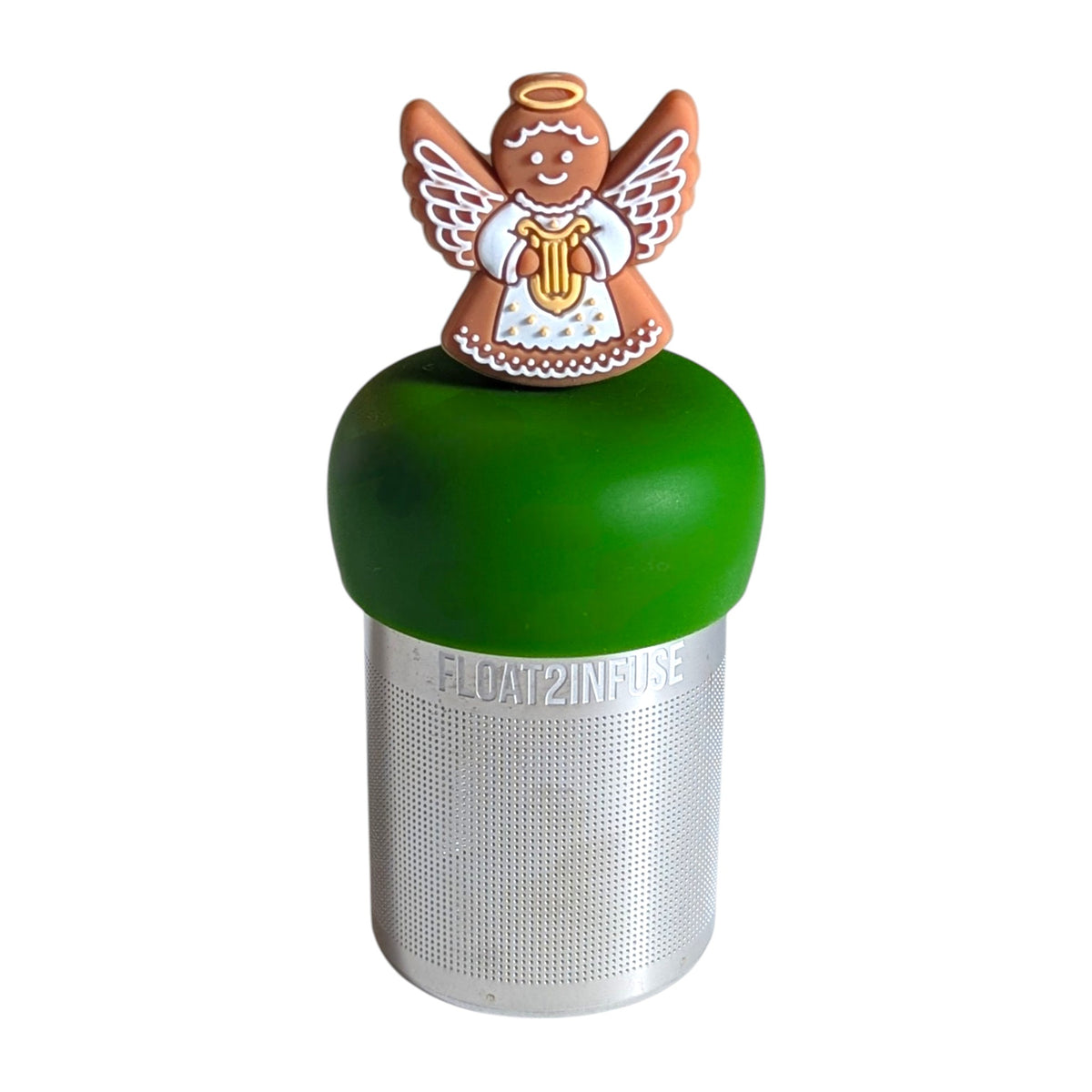 Cute gingerbread angel holding a harp tea infuser for loose leaf tea with a fine mesh stainless steel tea strainer that reads FLOAT2INFUSE on a dark green base with a  white background