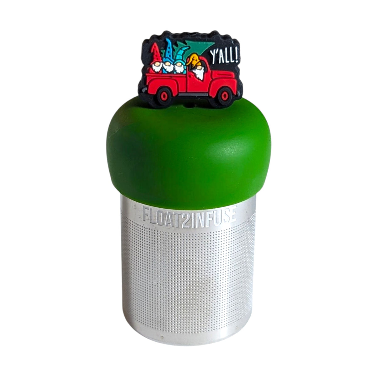 Cute red truck carrying 4 gnome, and a Chritmas tree with the text "y'all!" tea infuser for loose leaf tea with a fine mesh stainless steel tea strainer that reads FLOAT2INFUSE on a dark green base with a  white background
