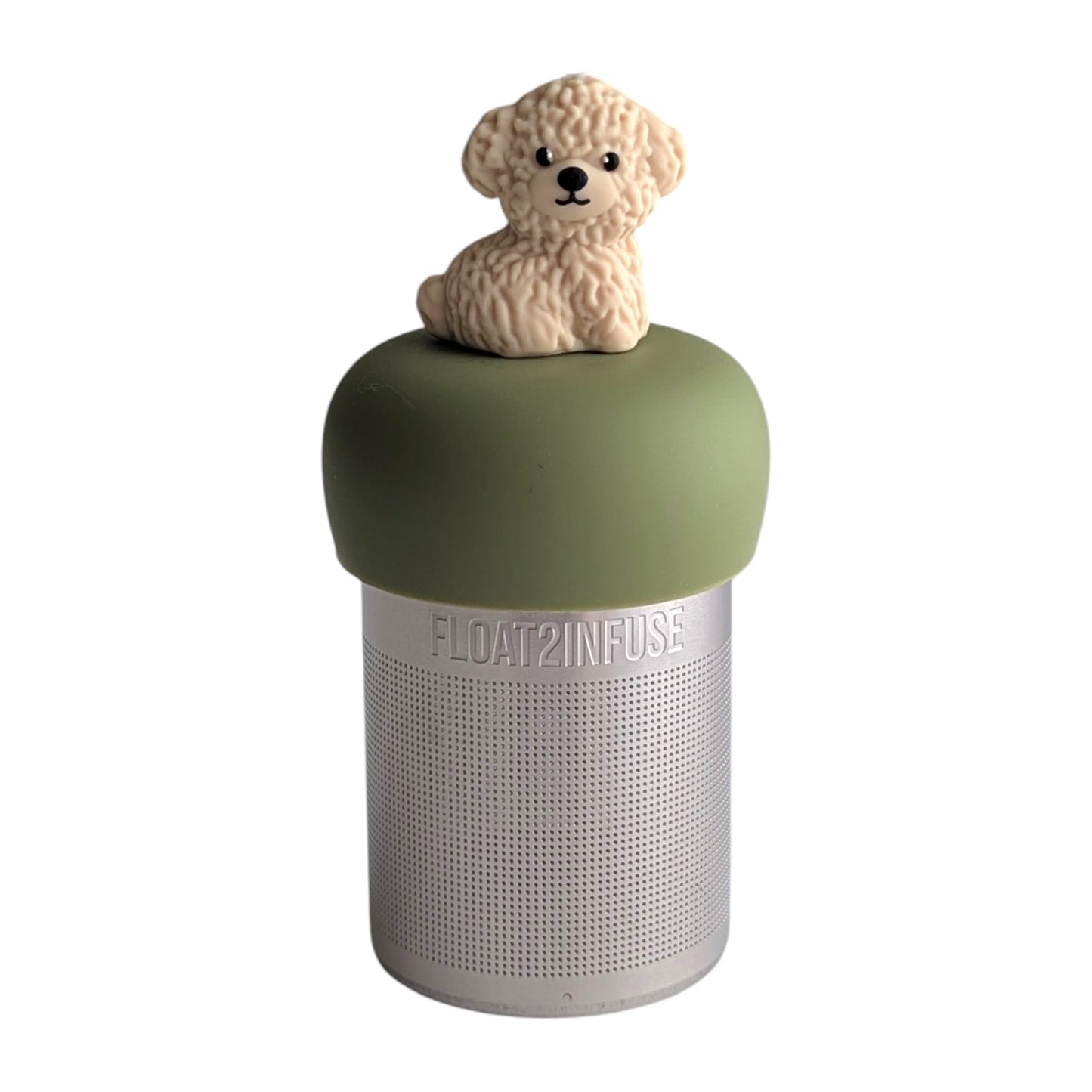 Cute goldendoodle tea infuser for loose leaf tea with a fine mesh stainless steel tea strainer 
that reads FLOAT2INFUSE on a green base with a white background

