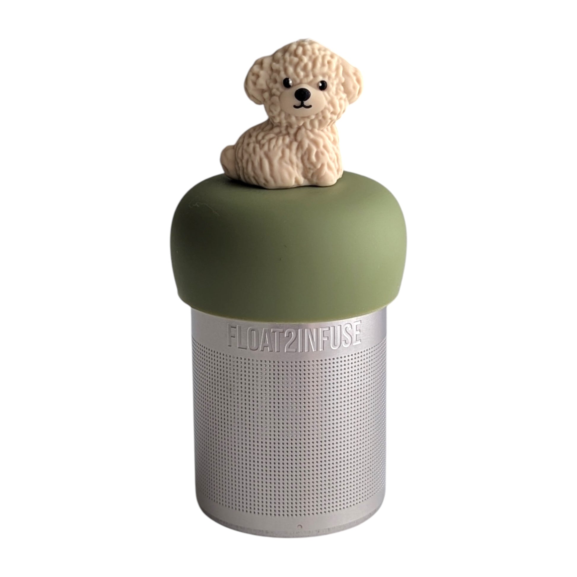 Cute goldendoodle tea infuser for loose leaf tea with a fine mesh stainless steel tea strainer 
that reads FLOAT2INFUSE on a green base with a white background

