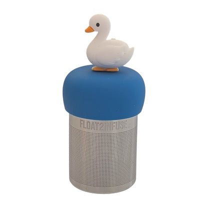 Cute white goose tea infuser for loose leaf tea with a fine mesh stainless steel tea strainer that reads FLOAT2INFUSE on a blue base with a white background