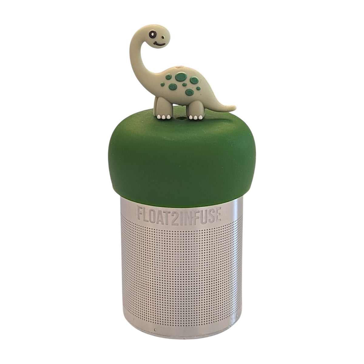 Cute green brontosaurus with dark green spots tea infuser for loose leaf tea with a fine mesh stainless steel tea strainer that reads FLOAT2INFUSE on a dark green base with a white background