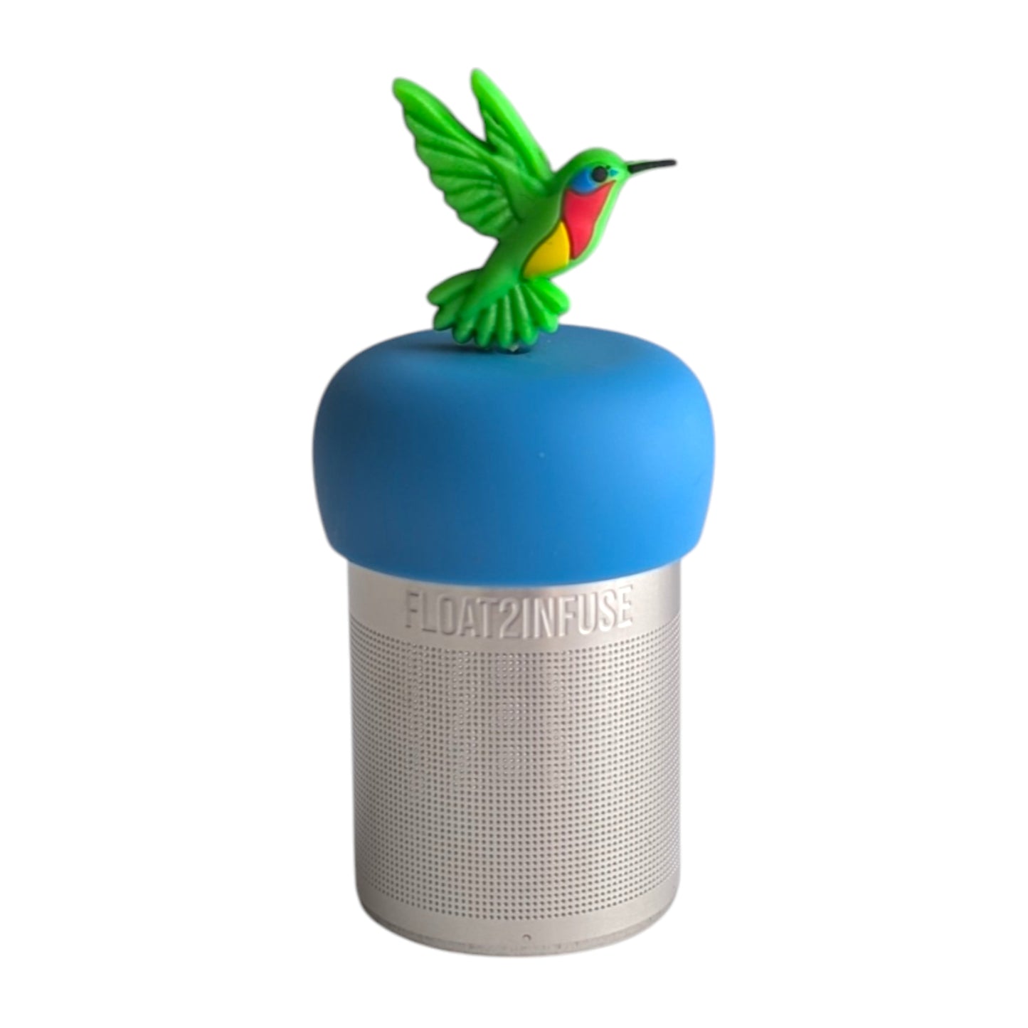 Green hummingbird with yellow and red on its belly tea infuser for loose leaf tea with a fine mesh stainless steel tea strainer 
that reads FLOAT2INFUSE on a blue base with a white background
