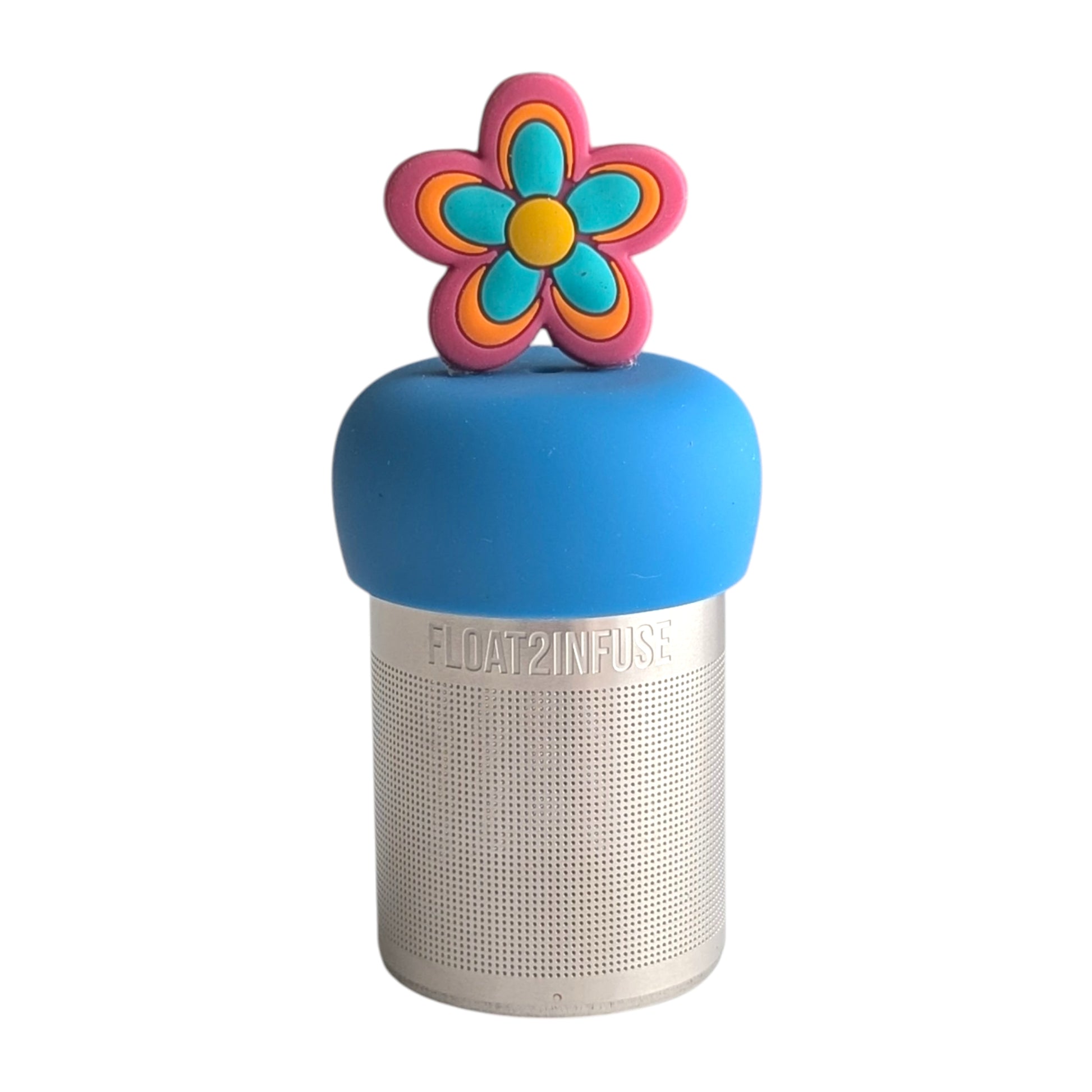 Groovy pink, orange, blue and yellow daisy tea infuser for loose leaf tea with a fine mesh stainless steel tea strainer 
that reads FLOAT2INFUSE on a blue base with a white background
