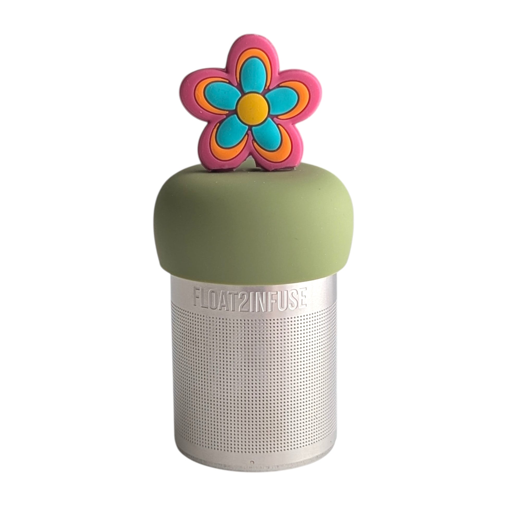 cute pink, orange, blue, and yellow daisy tea infuser for loose leaf tea with a fine mesh stainless steel tea strainer 
that reads FLOAT2INFUSE on a green base with a white background
