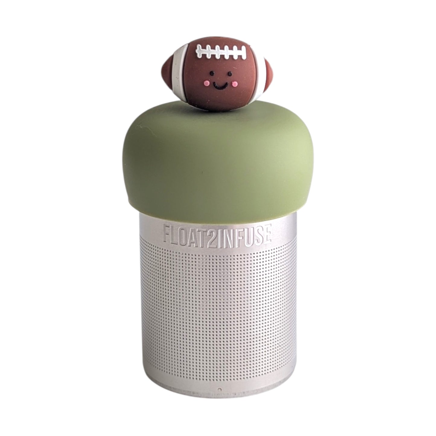 Cute smiling brown football tea infuser for loose leaf tea with a fine mesh stainless steel tea strainer 
that reads FLOAT2INFUSE on a green base with a white background
