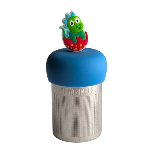cute green baby dinosaur with blue spikes hatching from a red speckled egg tea infuser for loose leaf tea with a fine mesh stainless steel tea strainer 
that reads FLOAT2INFUSE on a blue base with a white background

