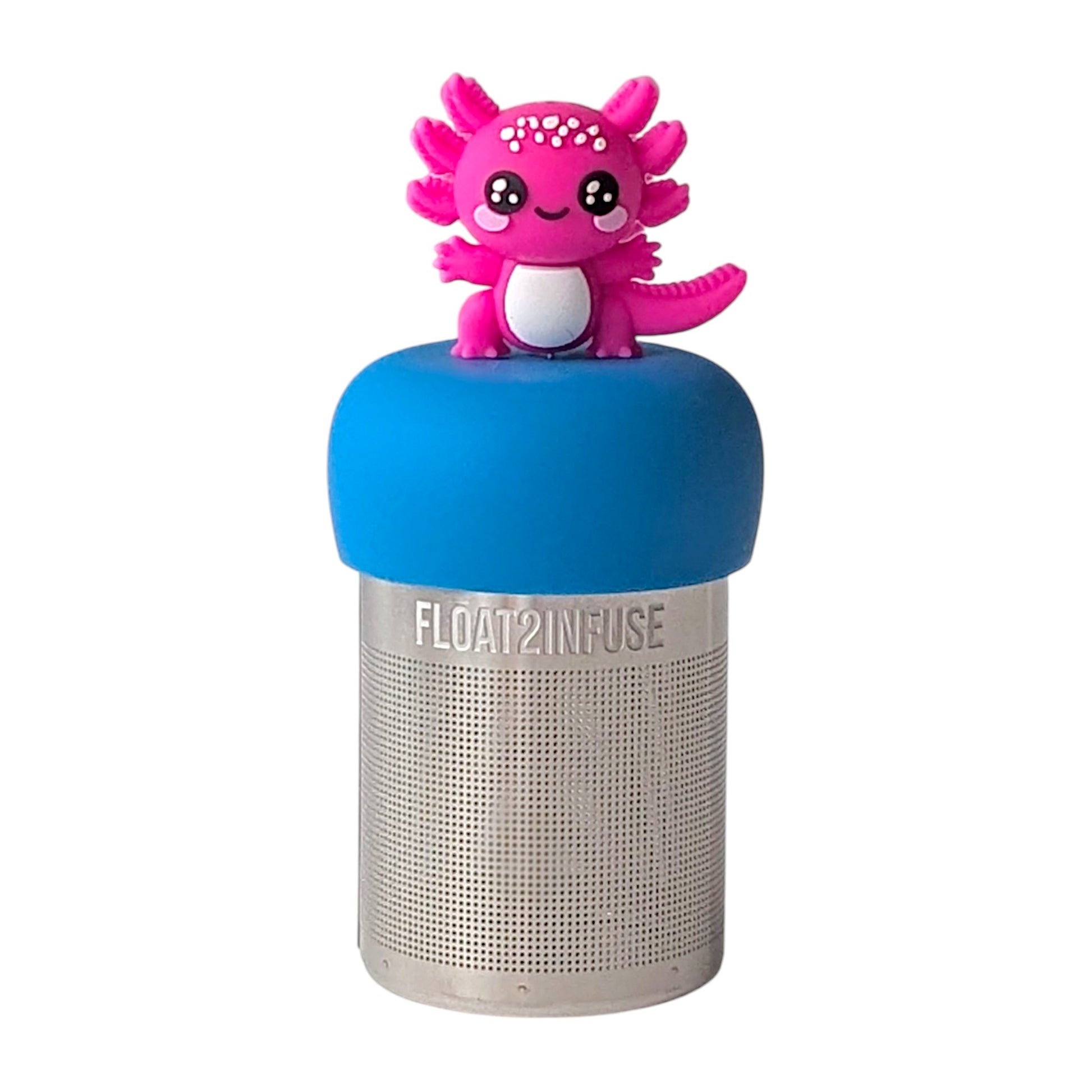 Hot pink axolotl with a tail tea infuser for loose leaf tea with a fine mesh stainless steel tea strainer that reads FLOAT2INFUSE on a blue base with a white background