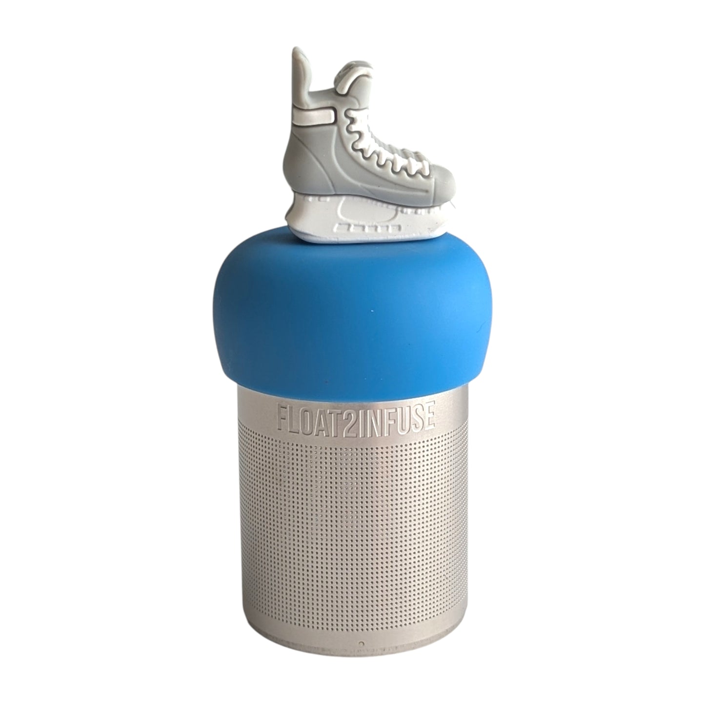 Grey ice skate tea infuser for loose leaf tea with a fine mesh stainless steel tea strainer 
that reads FLOAT2INFUSE on a blue base with a white background

