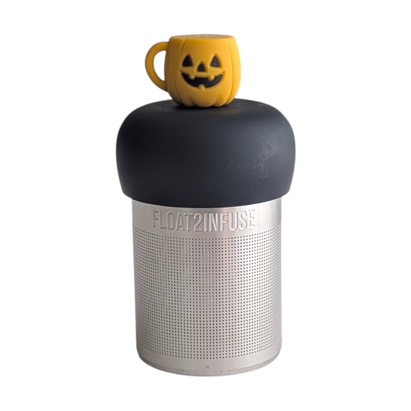 cute smiling orange jack-o-lantern mug tea infuser for loose leaf tea with a fine mesh stainless steel tea strainer that reads FLOAT2INFUSE on a black base with a white background