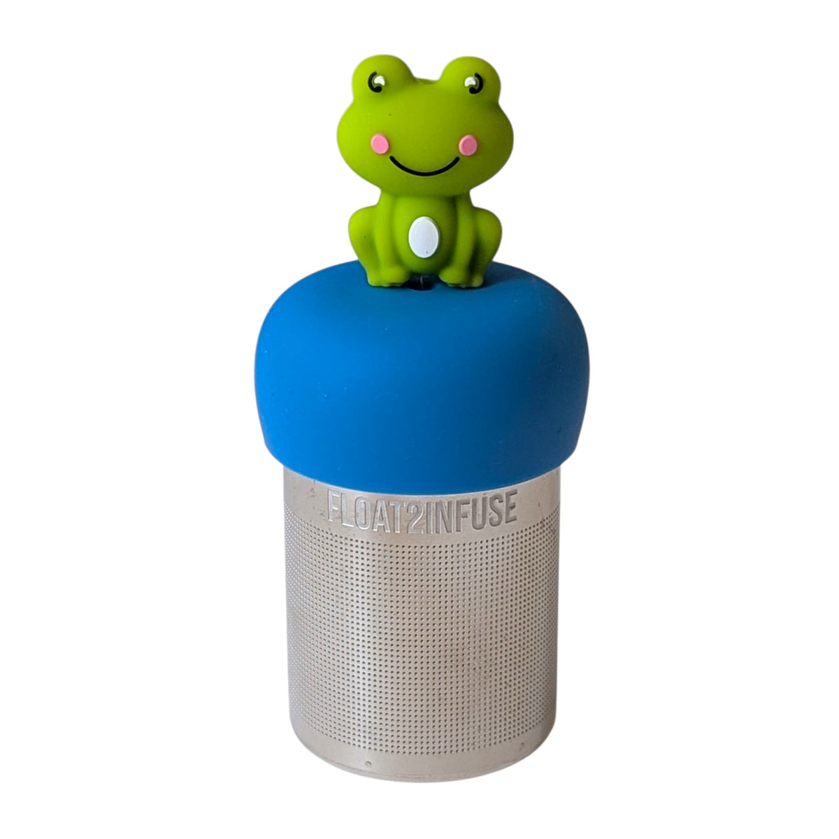 Cute green frog tea infuser for loose leaf tea with a fine mesh stainless steel tea strainer 
that reads FLOAT2INFUSE on a blue base with a white background