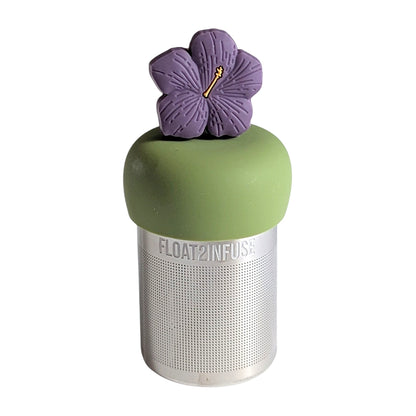 Light Purple hibuscus tea infuser for loose leaf tea with a fine mesh stainless steel tea strainer that reads FLOAT2INFUSE on a green base with a white background
