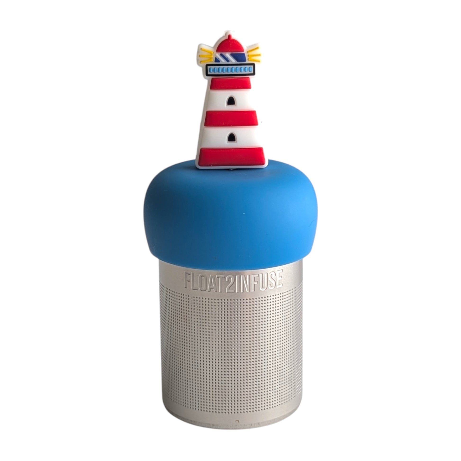 Red and white striped light house with blue accents and light streaming out tea infuser for loose leaf tea with a fine mesh stainless steel tea strainer 
that reads FLOAT2INFUSE on a blue base with a white background
