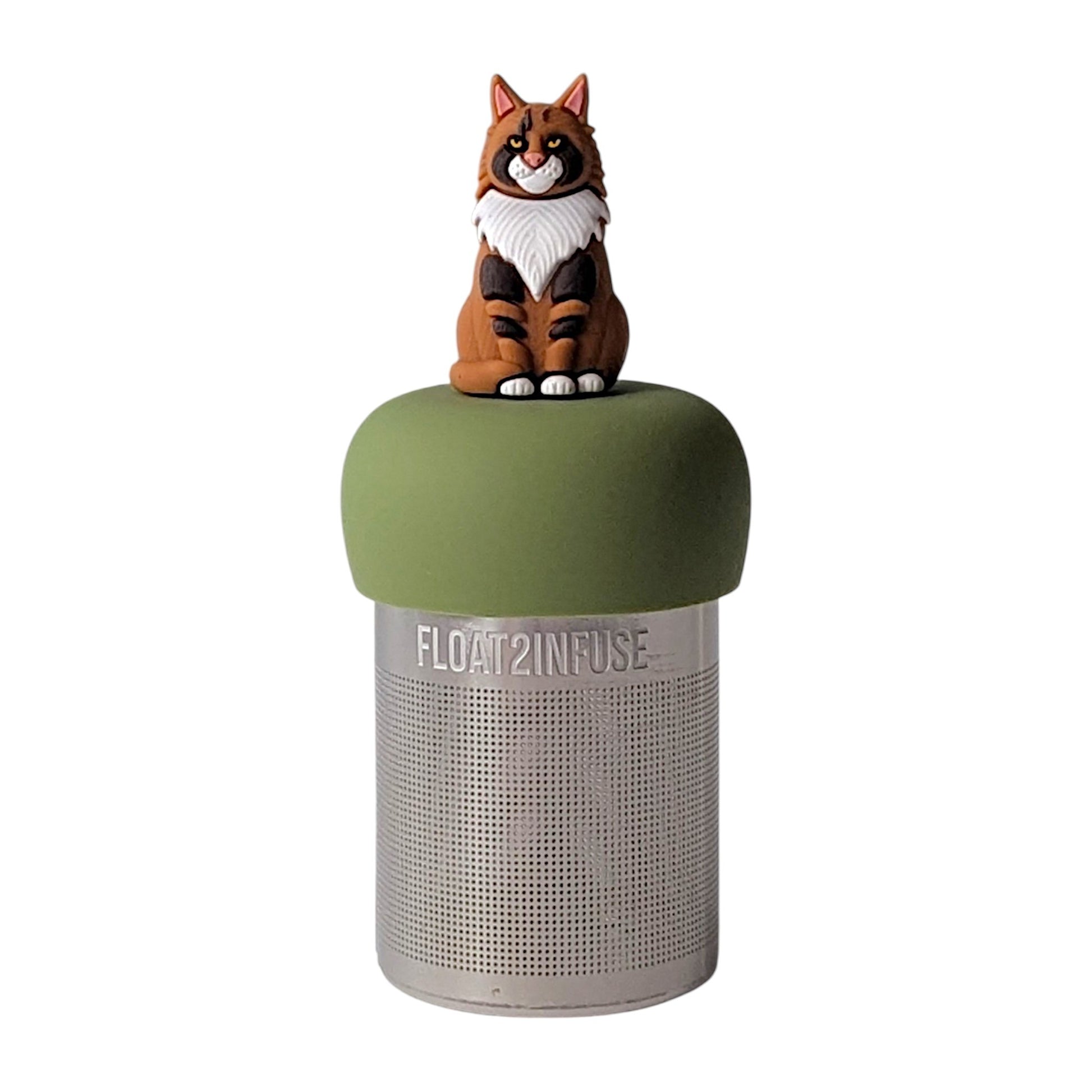 Brown, orange, and white Maine Coon cat  tea infuser for loose leaf tea with a fine mesh stainless steel tea strainer that reads FLOAT2INFUSE on a green base with a white background