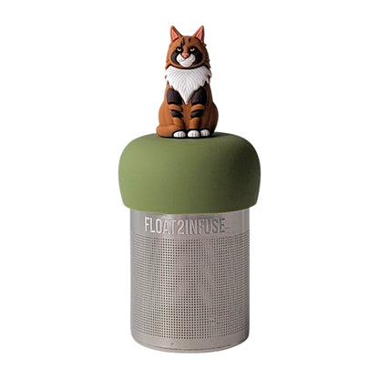 Brown, orange, and white Maine Coon cat  tea infuser for loose leaf tea with a fine mesh stainless steel tea strainer that reads FLOAT2INFUSE on a green base with a white background