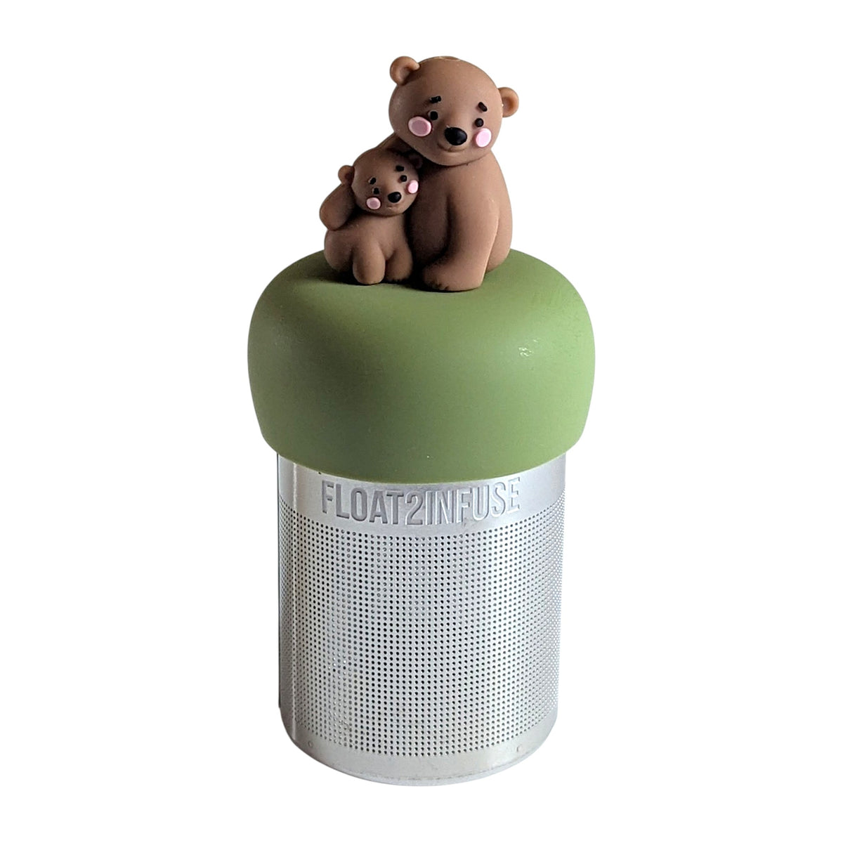 Cute mom and baby bear hugging tea infuser for loose leaf tea with a fine mesh stainless steel tea strainer that reads FLOAT2INFUSE on a green base with a white background