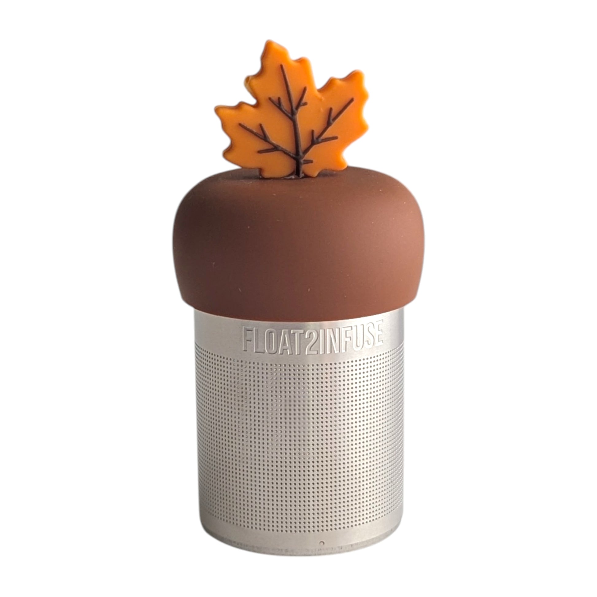 Fall orange maple leaf tea infuser for loose leaf tea with a fine mesh stainless steel tea strainer 
that reads FLOAT2INFUSE on a brown base with a white background
