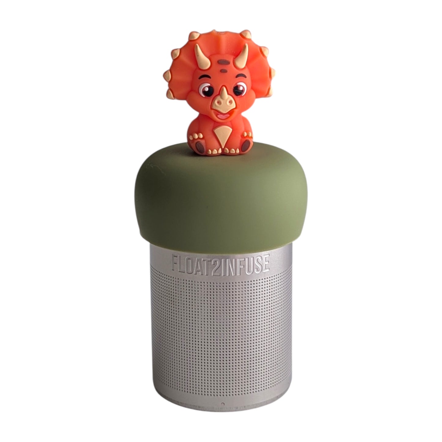 cute orange triceratops dinosaur tea infuser for loose leaf tea with a fine mesh stainless steel tea strainer 
that reads FLOAT2INFUSE on a green base with a white background
