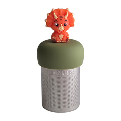 cute orange triceratops dinosaur tea infuser for loose leaf tea with a fine mesh stainless steel tea strainer 
that reads FLOAT2INFUSE on a green base with a white background
