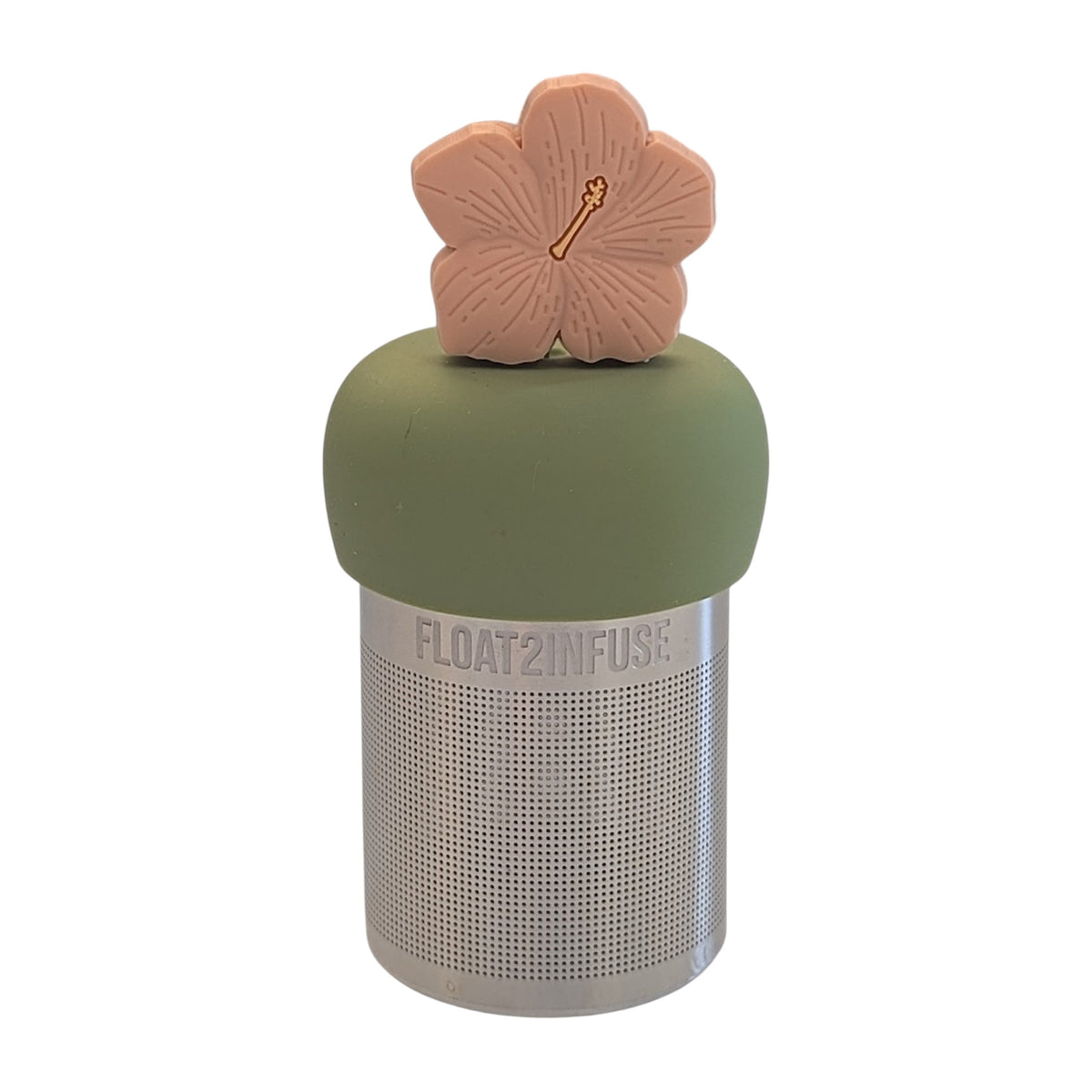 Peach colored hibiscus flower tea infuser for loose leaf tea with a fine mesh stainless steel tea strainer 
that reads FLOAT2INFUSE on a green base with a white background