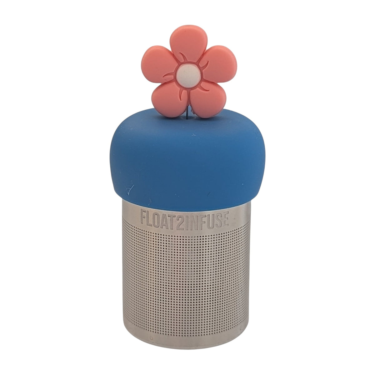 pink daisy with white center tea infuser for loose leaf tea with fine mesh stainless steel tea strainer that reads FLOAT2INFUSE on a green base with a white background