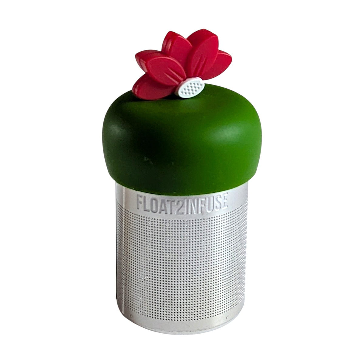 red poinsettia flower tea infuser for loose leaf tea with a fine mesh stainless steel tea strainer that reads FLOAT2INFUSE on a dark green base with a white background