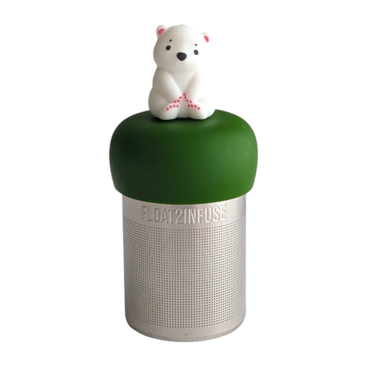 cute white polar bear tea infuser  for loose leaf tea with fine mesh stainless steel tea strainer that reads FLOAT2INFUSE on a dark green base with a white background