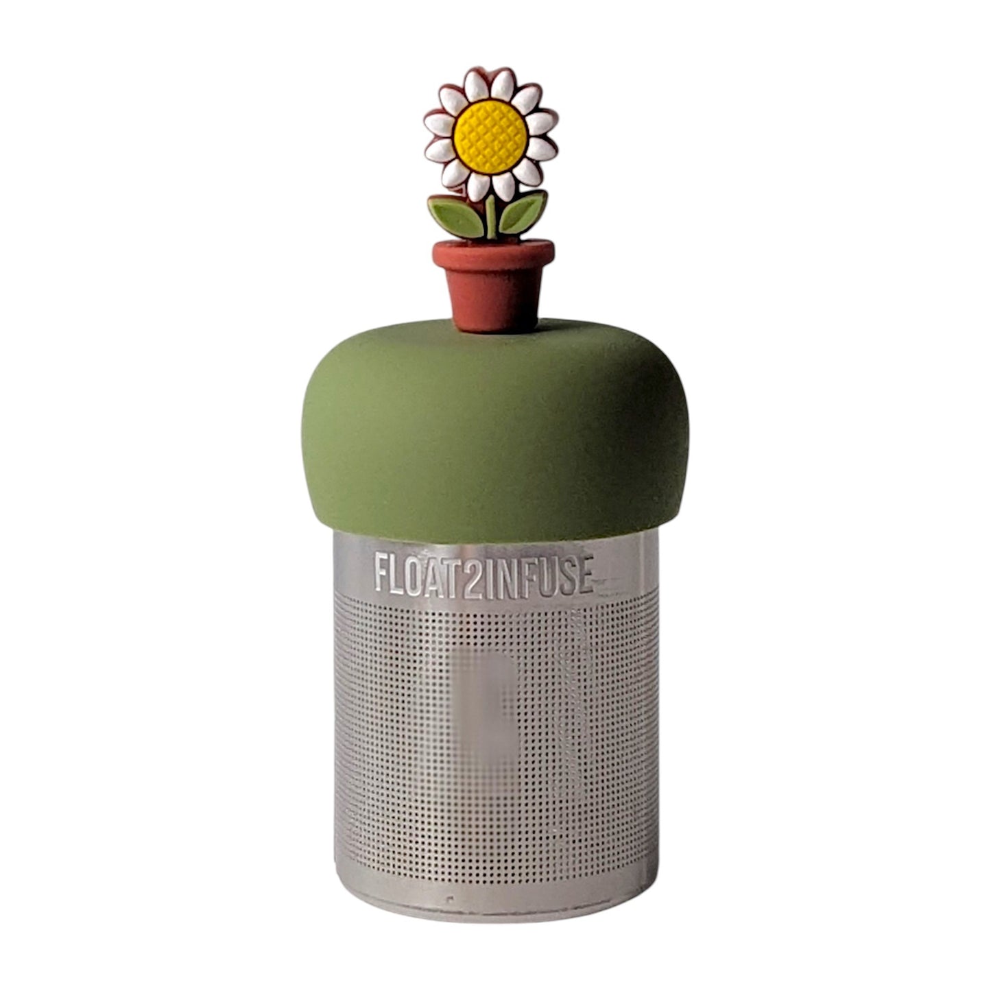 Potted daisy tea infuser for loose leaf tea with a fine mesh stainless steel tea strainer that reads FLOAT2INFUSE on a green base with a white background