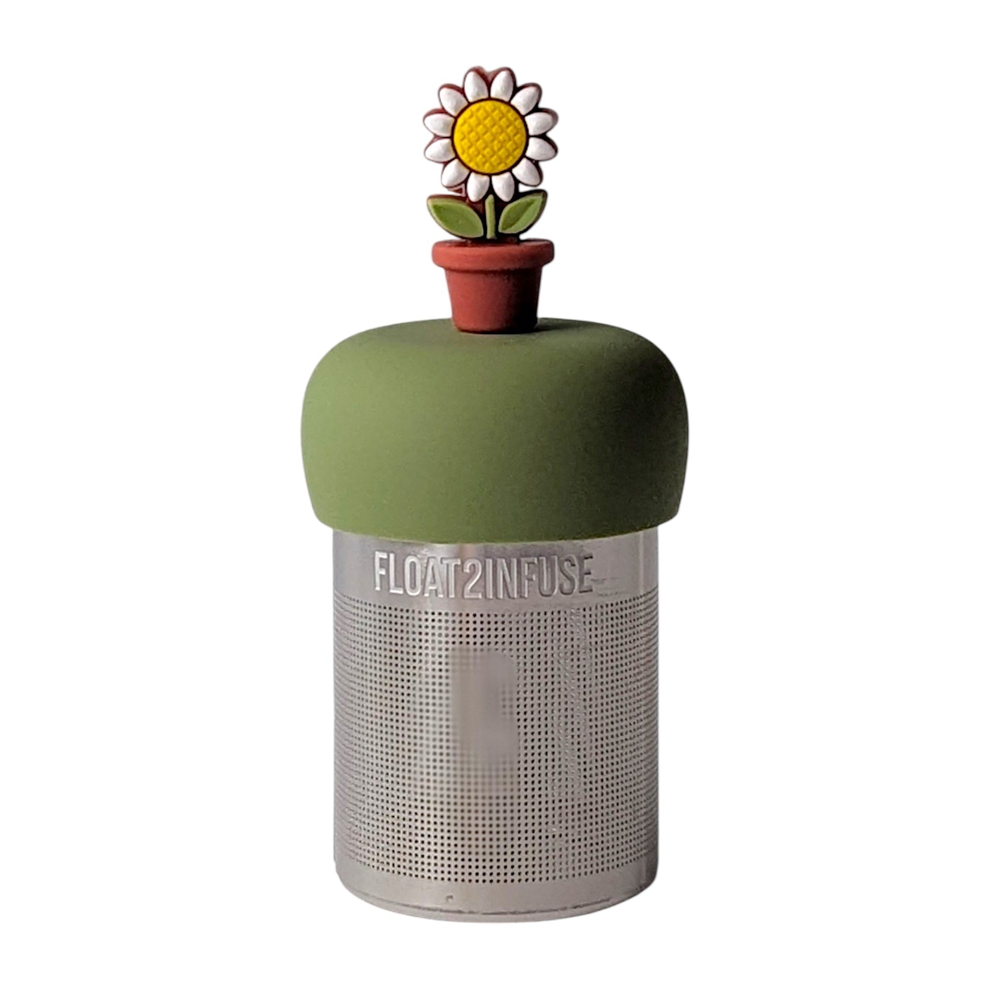 Potted daisy tea infuser for loose leaf tea with a fine mesh stainless steel tea strainer that reads FLOAT2INFUSE on a green base with a white background
