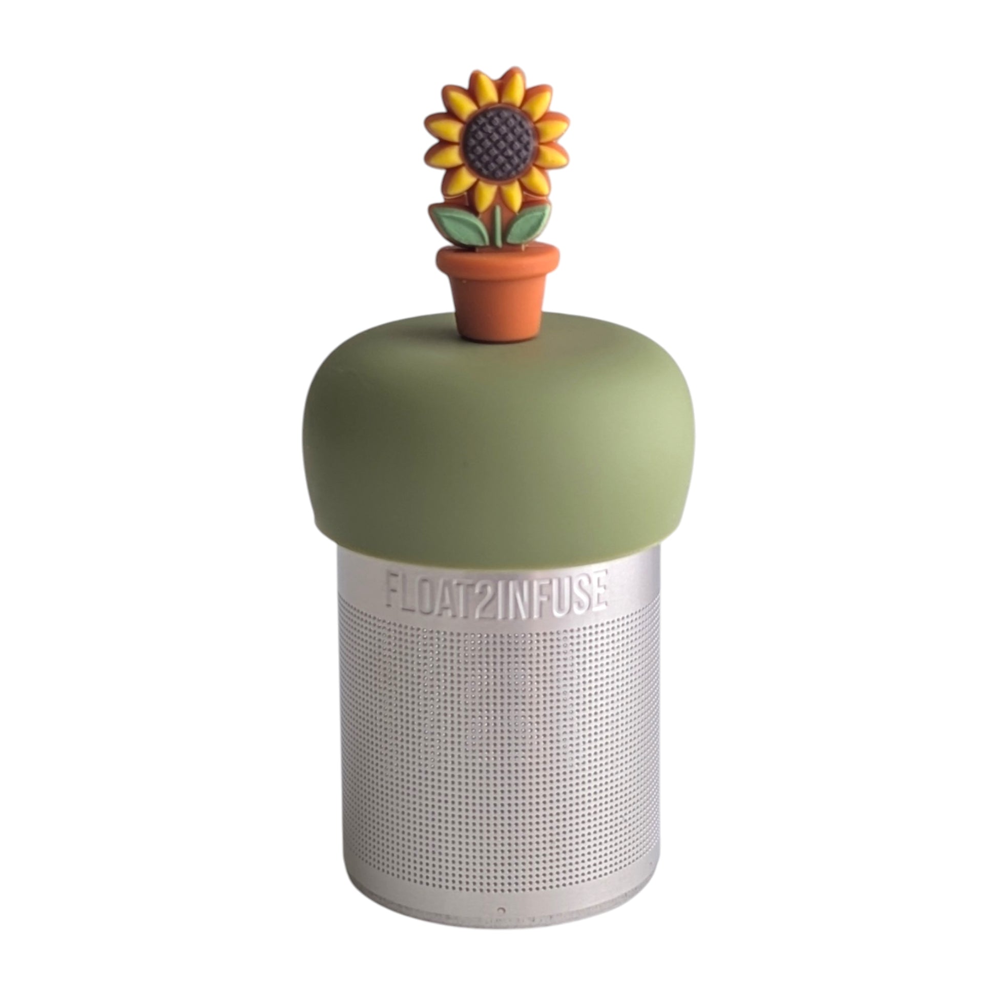 Sunflower in a terra cotta pot tea infuser for loose leaf tea with a fine mesh stainless steel tea strainer 
that reads FLOAT2INFUSE on a green base with a white background
